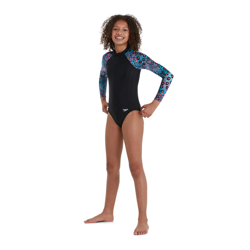 ECO ENDURABRITE GIRL (AGED 6-14) ANIMAL PRINT LS 1PC SWIMSUIT - BLACK