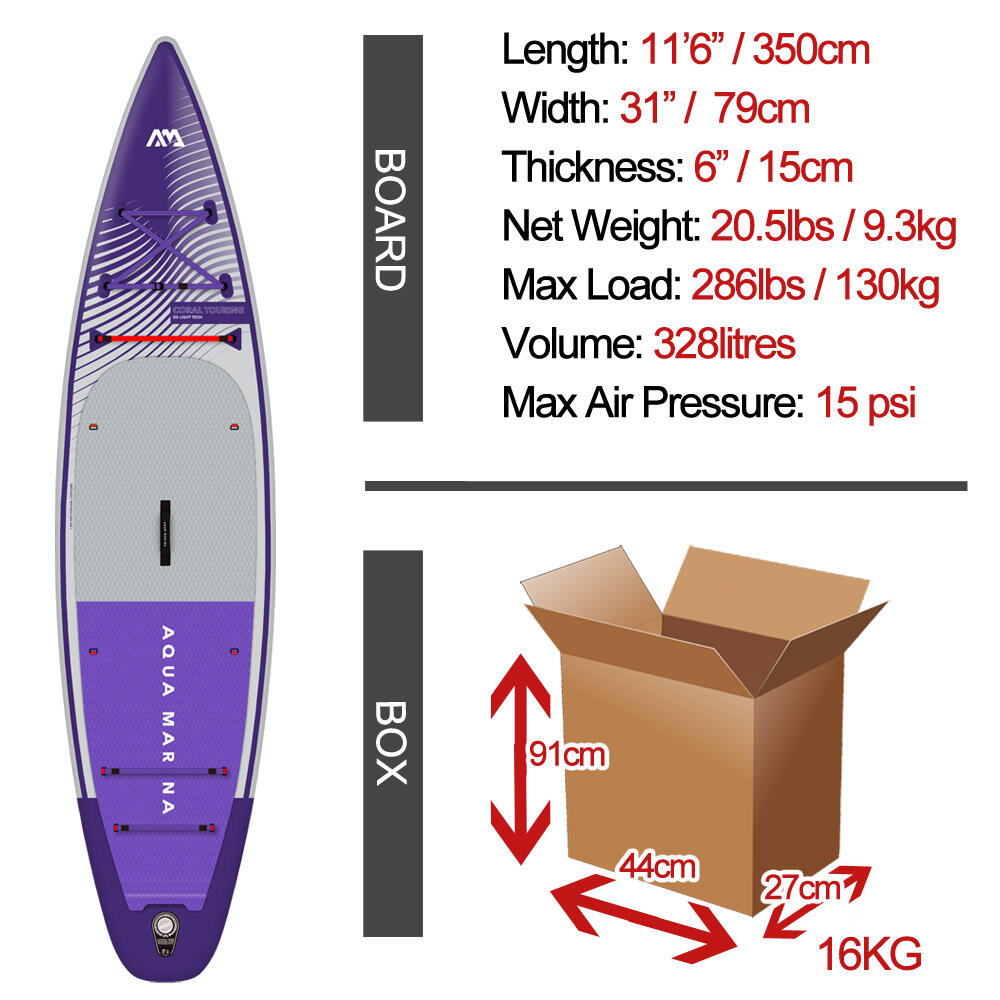 Aqua Marina CORAL Touring 11ft6 / 350cm Stand Up Paddle Board Package 3/7