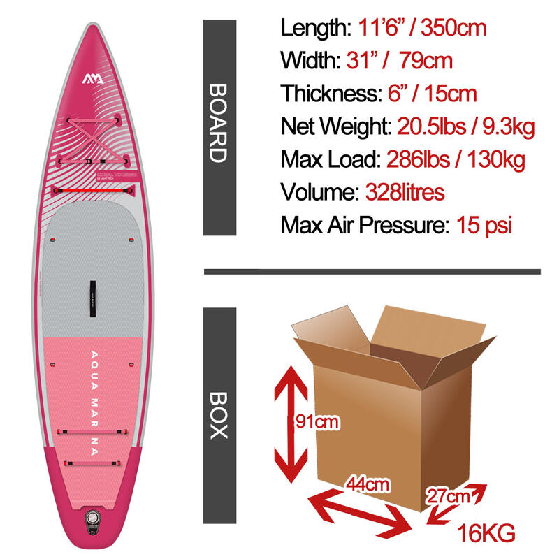 Nafukovací paddleboard AQUA MARINA Coral Touring 11'6''x31''x6'' RASPBERRY