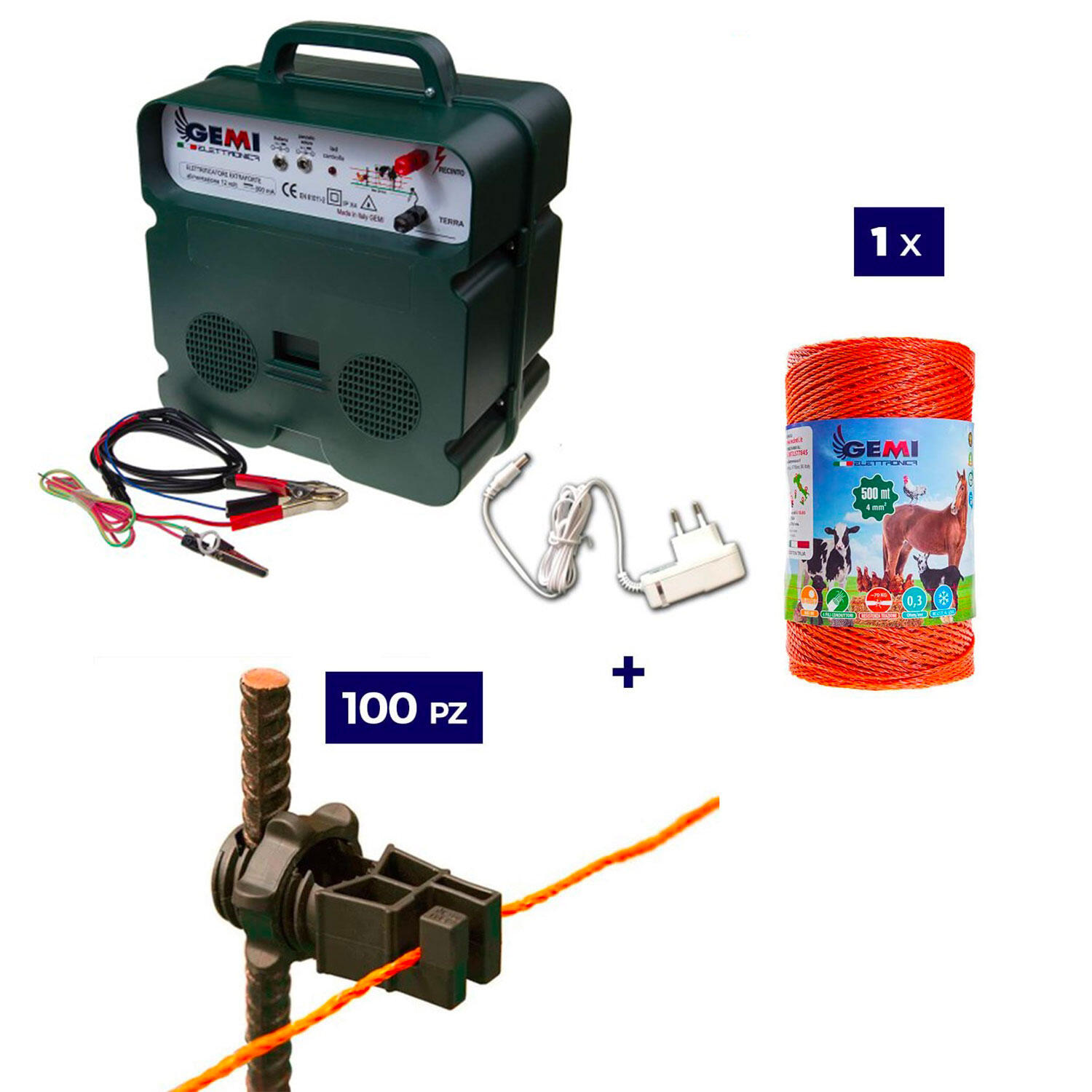 GEMI ELETTRONICA Kit 1x Elettrificatore 12V/220V + 1x Filo 500MT 4Mm² + 100pz isolatori per ferro