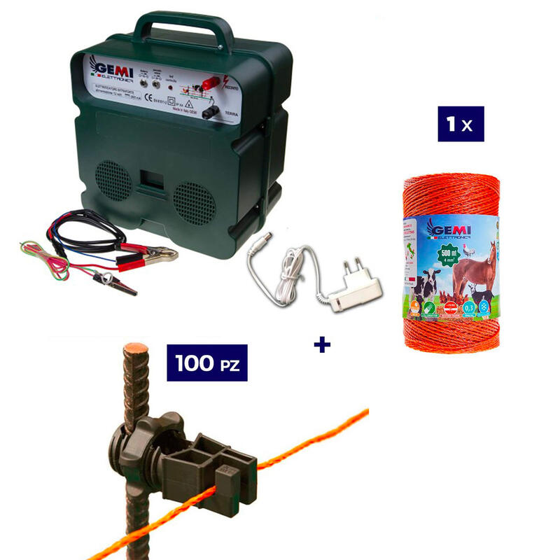 Kit 1x Elettrificatore 12V/220V + 1x Filo 500MT 4Mm² + 100pz isolatori per ferro