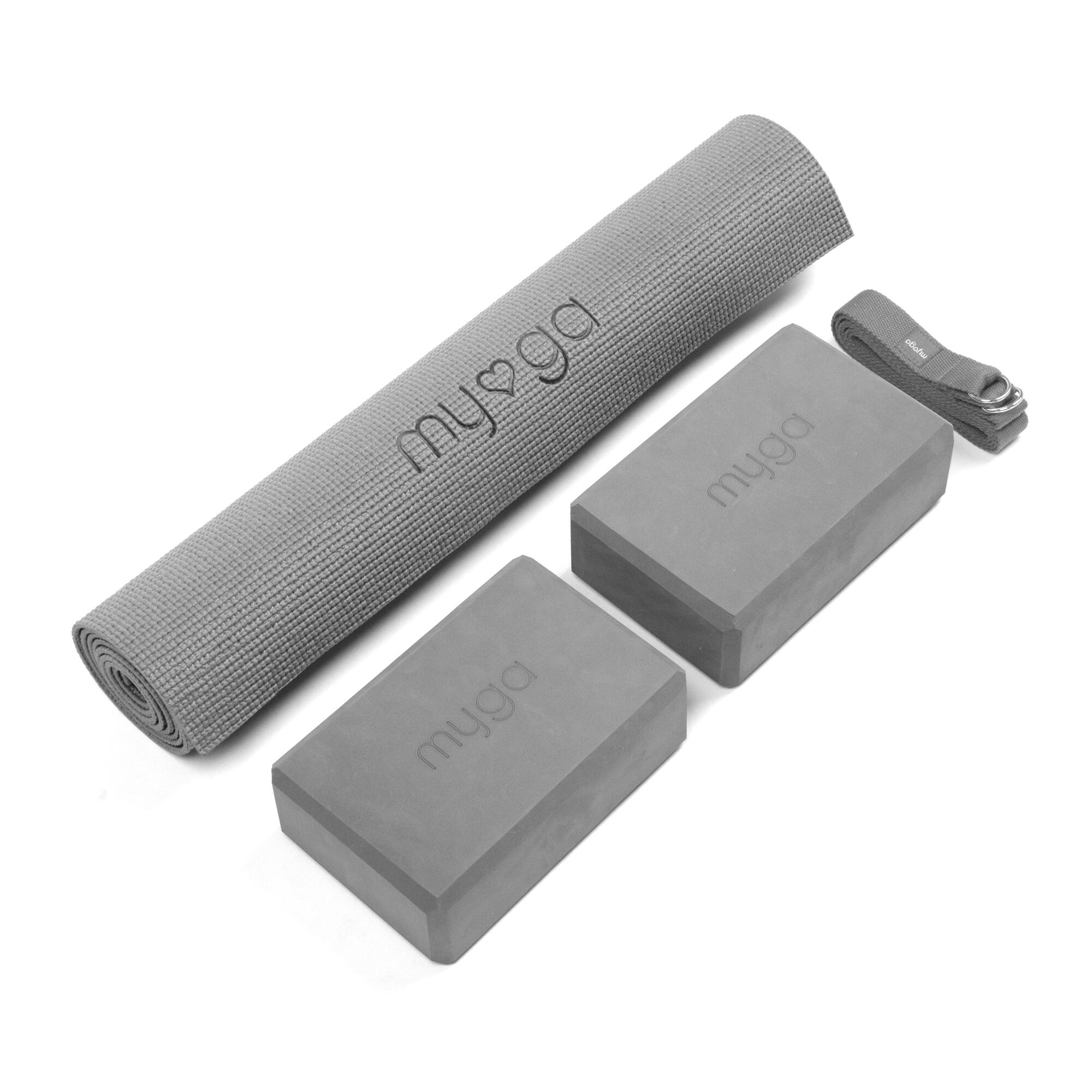 Myga Yoga Entry Mat, Strap & Pair of Blocks - Grey 1/7