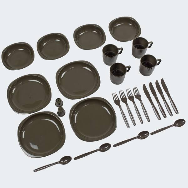 Veselă de camping + tacâmuri | Set veselă pentru exterior | 8 persoane | Olive