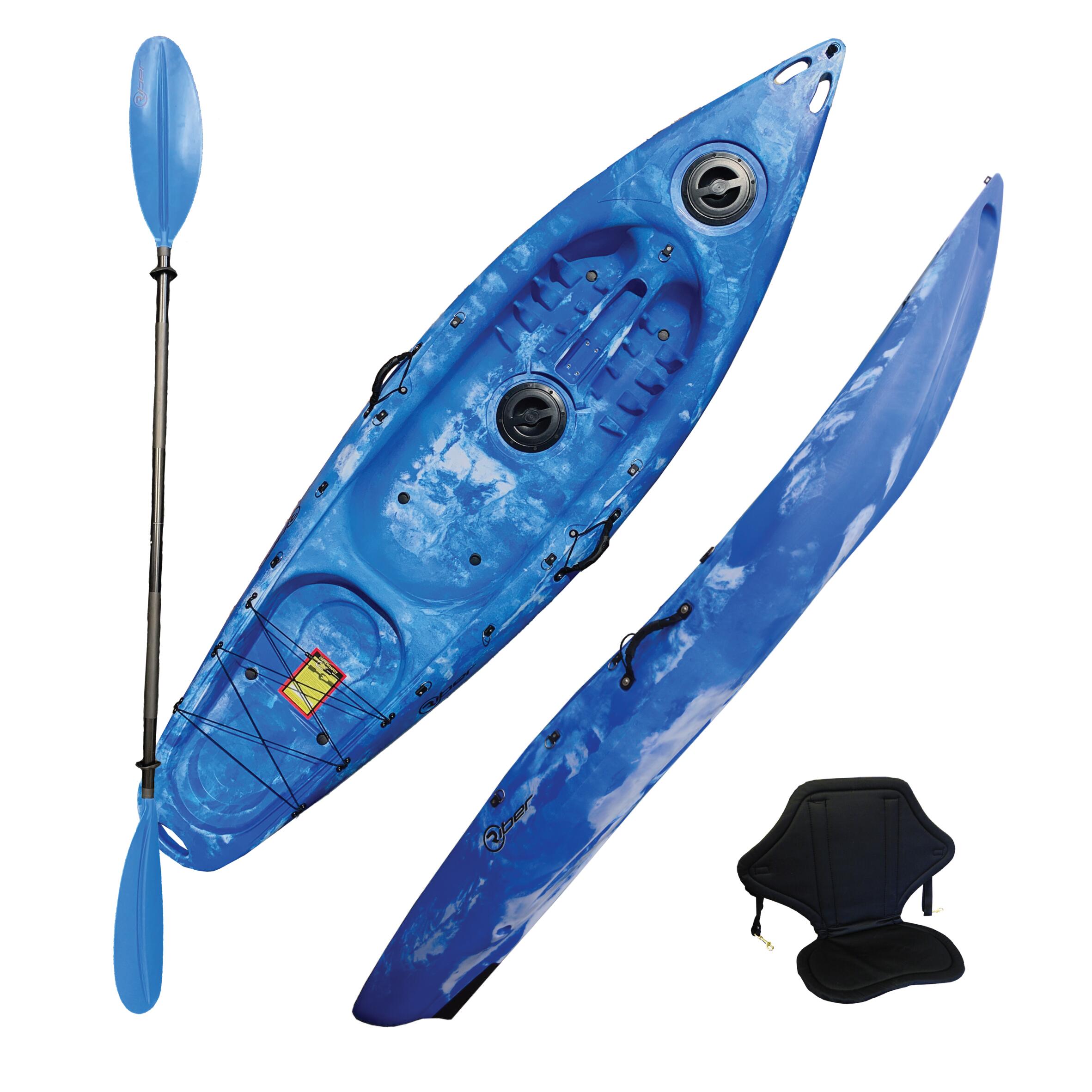 RIBER SIT ON TOP KAYAK - DELUXE ONE MAN - WITH PADDLE & BACKREST - BLUE/WHITE