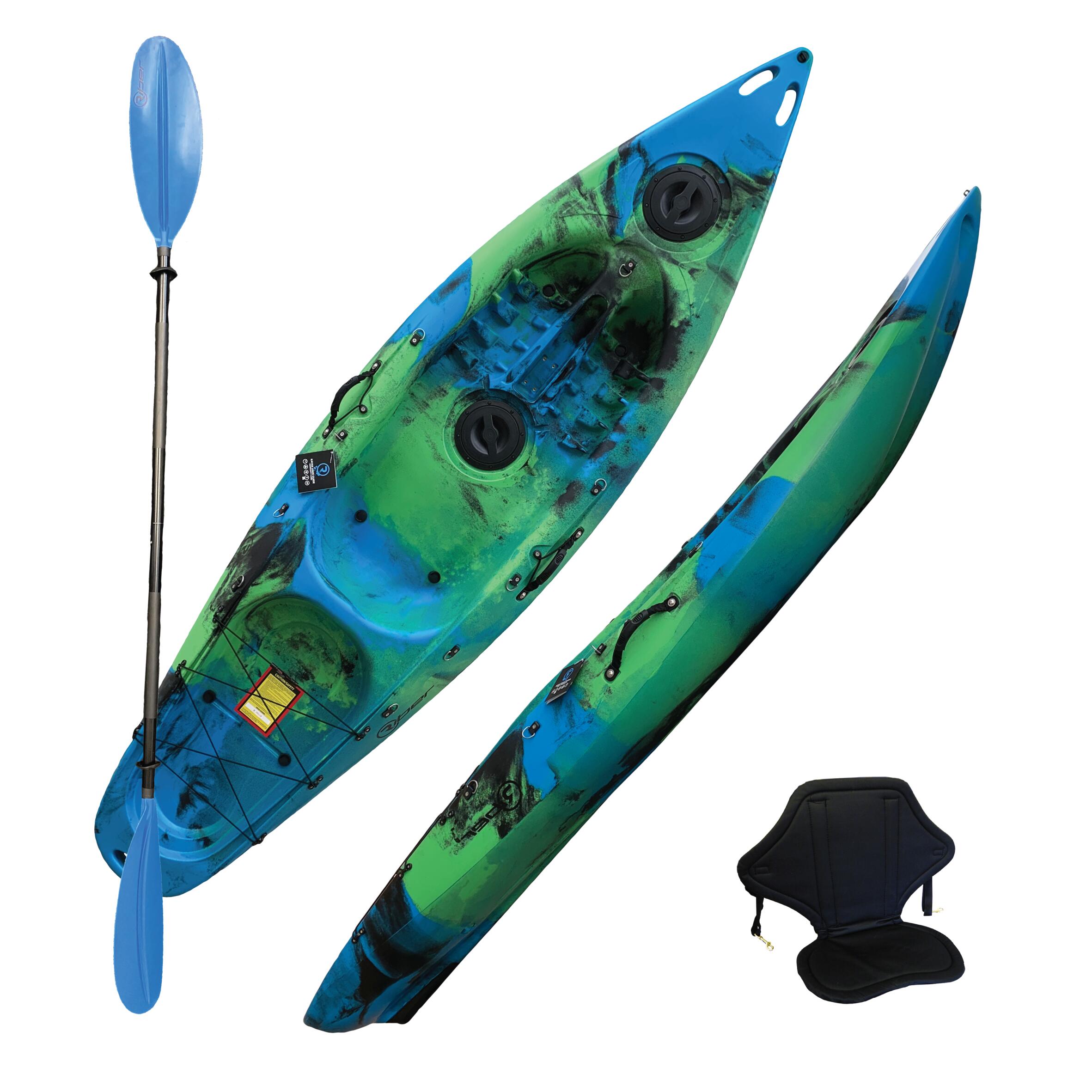 RIBER SIT ON TOP KAYAK - DELUXE ONE MAN - WITH PADDLE & BACKREST - GREEN/BLUE/BLACK