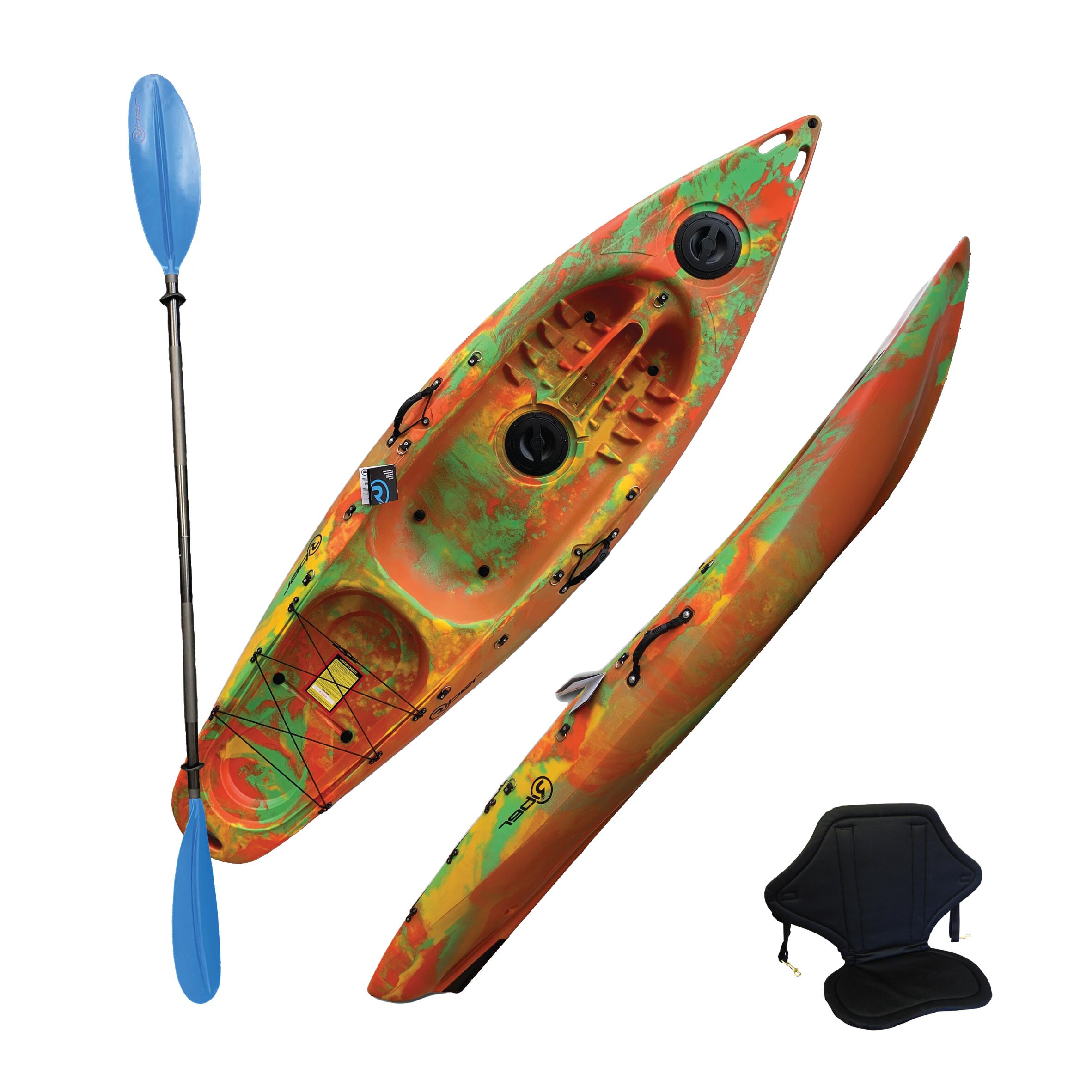 RIBER SIT ON TOP KAYAK - DELUXE ONE MAN - WITH PADDLE & BACKREST - ORANGE/GREEN/YELLOW