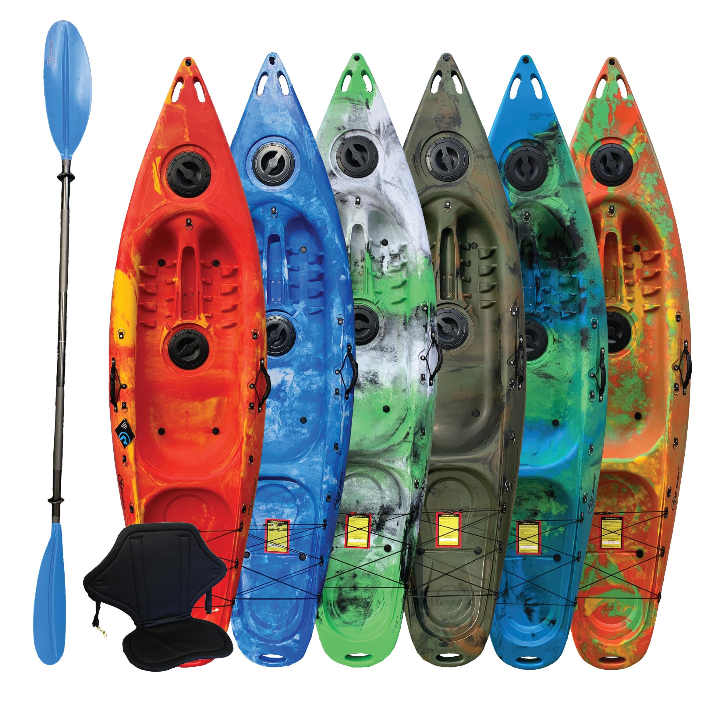 SIT ON TOP KAYAK - DELUXE ONE MAN - WITH PADDLE & BACKREST - RED/YELLOW 2/6