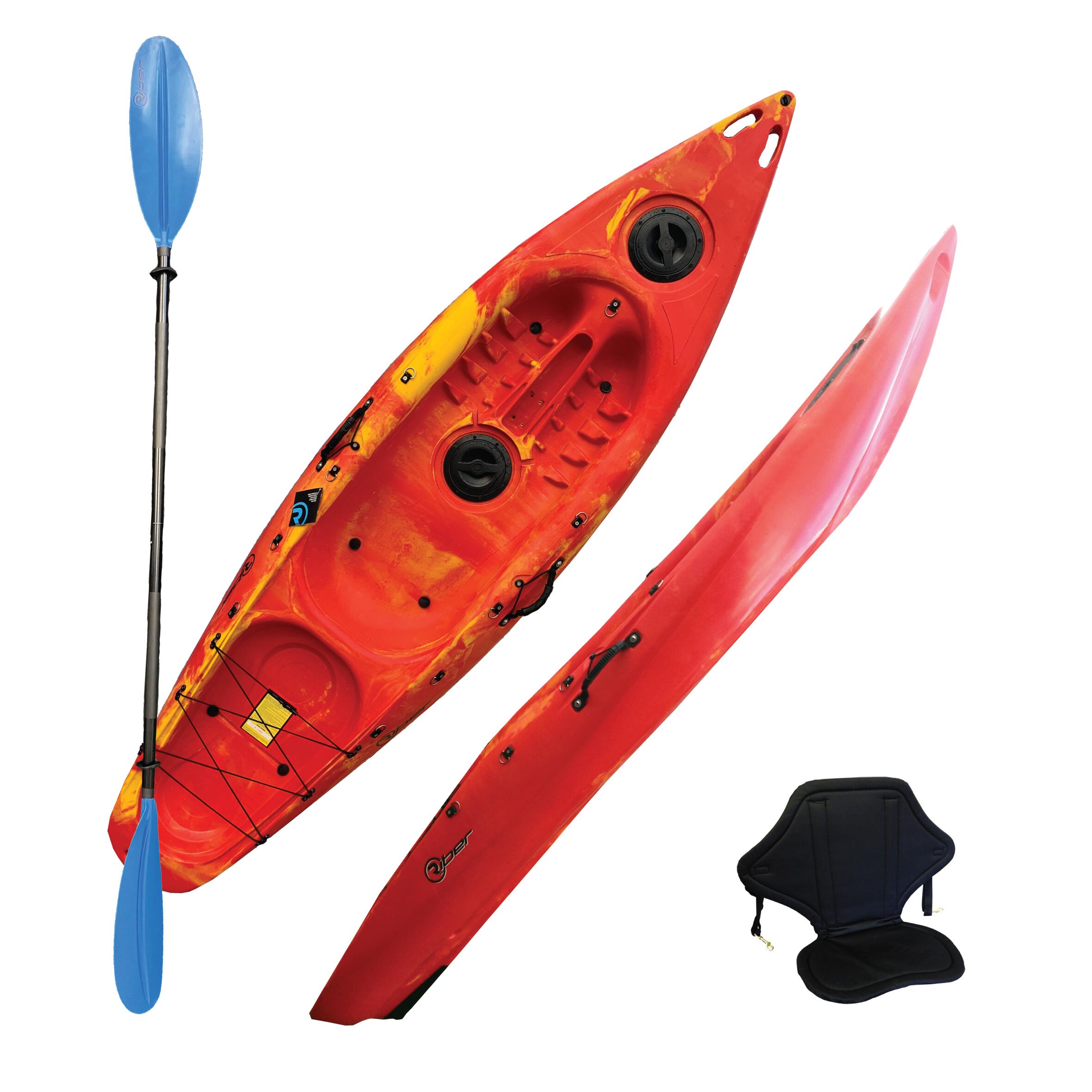 SIT ON TOP KAYAK - DELUXE ONE MAN - WITH PADDLE & BACKREST - RED/YELLOW 1/6