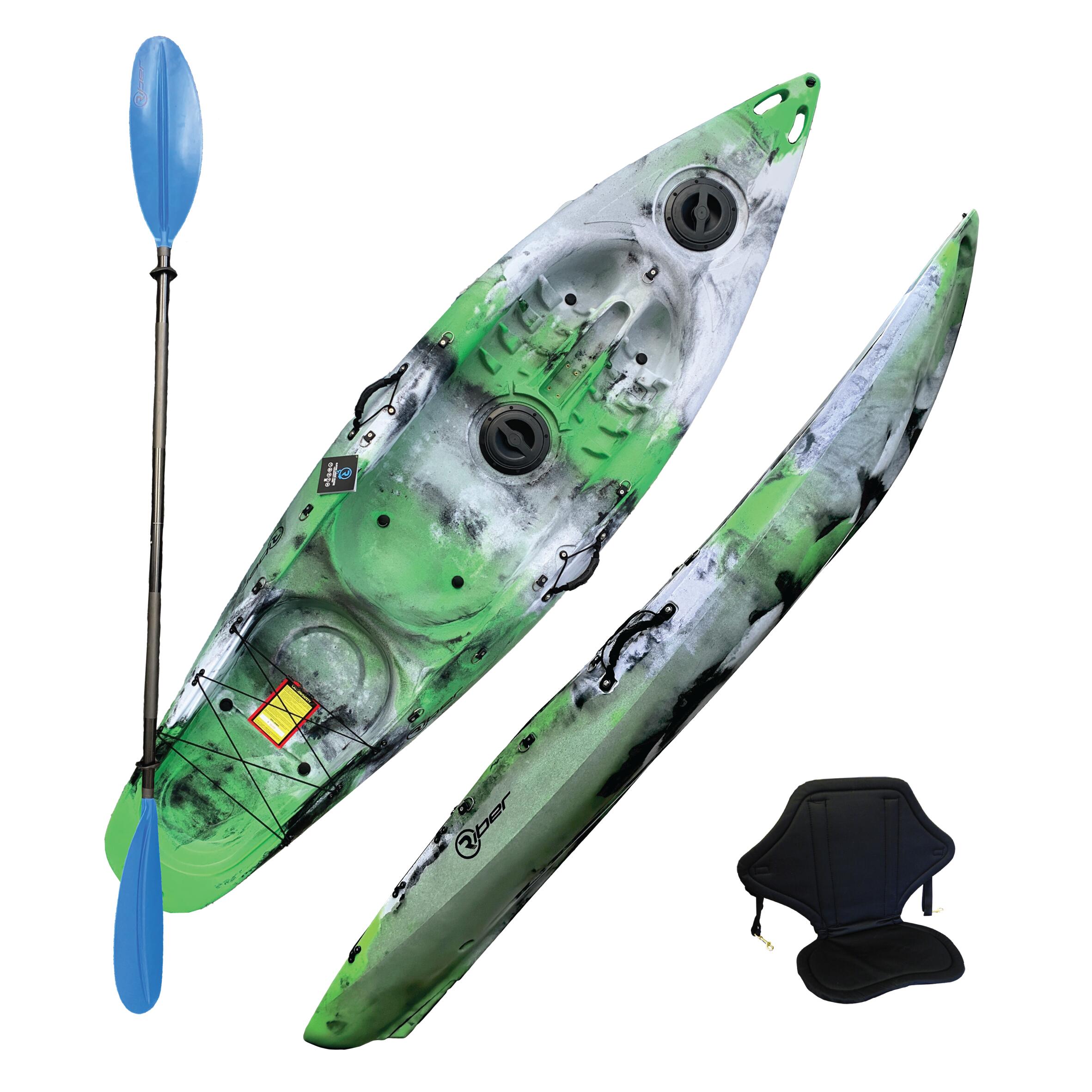 RIBER SIT ON TOP KAYAK - DELUXE ONE MAN - WITH PADDLE & BACKREST - GREEN/WHITE/BLACK