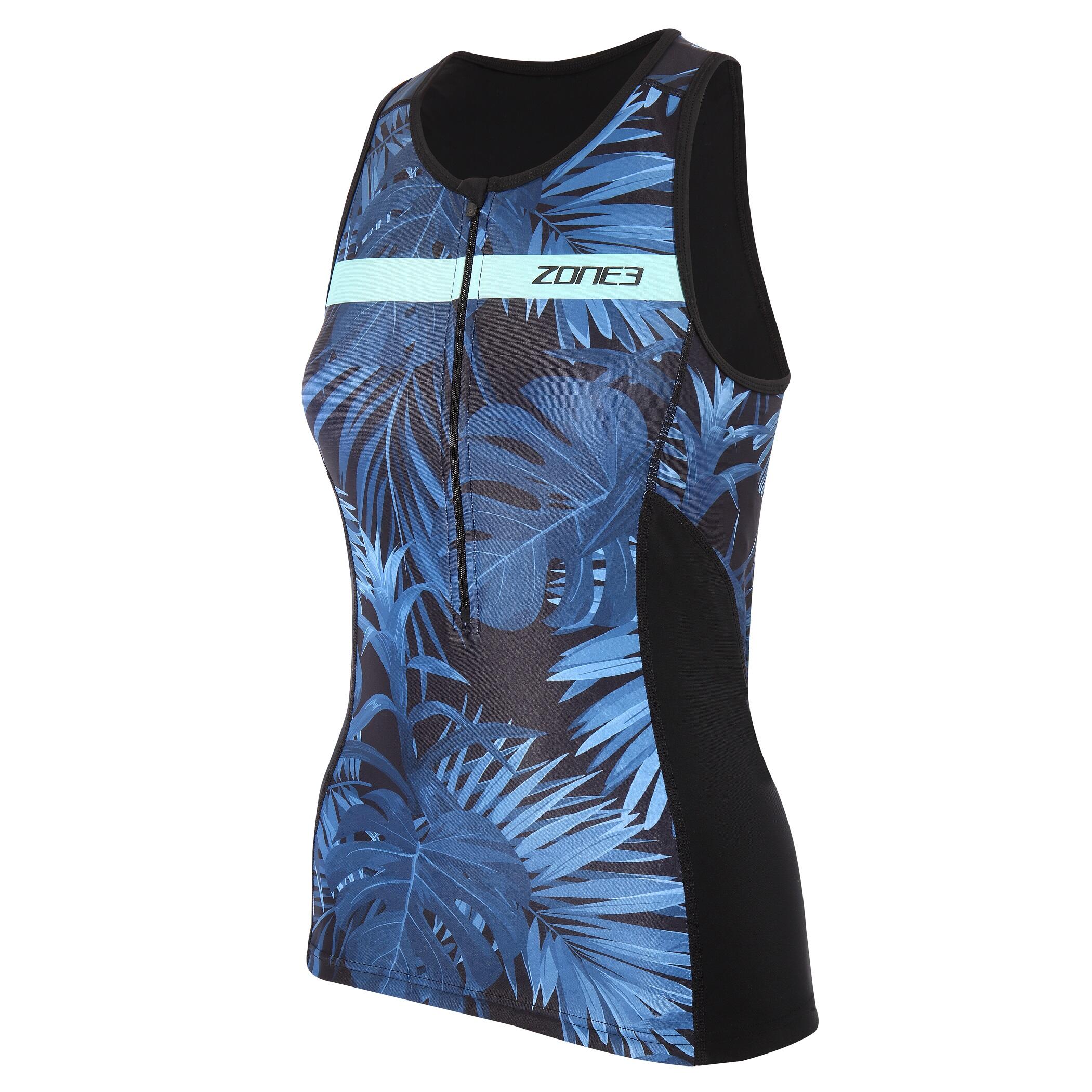 ZONE3 ACTIVATE+ TROPICAL PALM SLEEVELESS TRI TOP WOMENS BLACK/BLUE