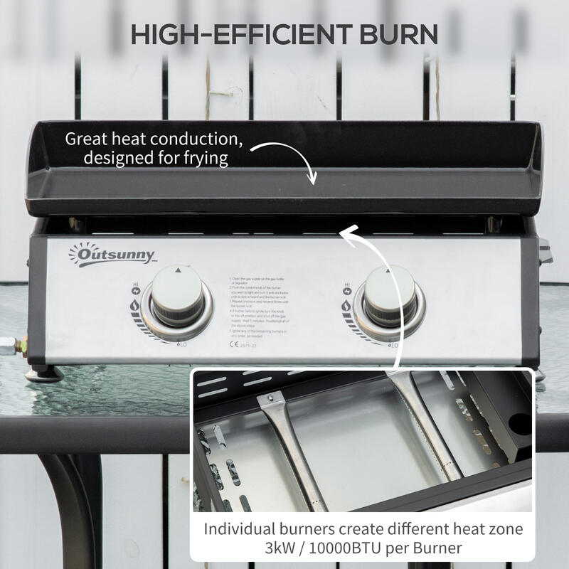 Outsunny Placa de Gratar pe Gaz de Masa cu 2 Arzatoare si Putere de 6Kw