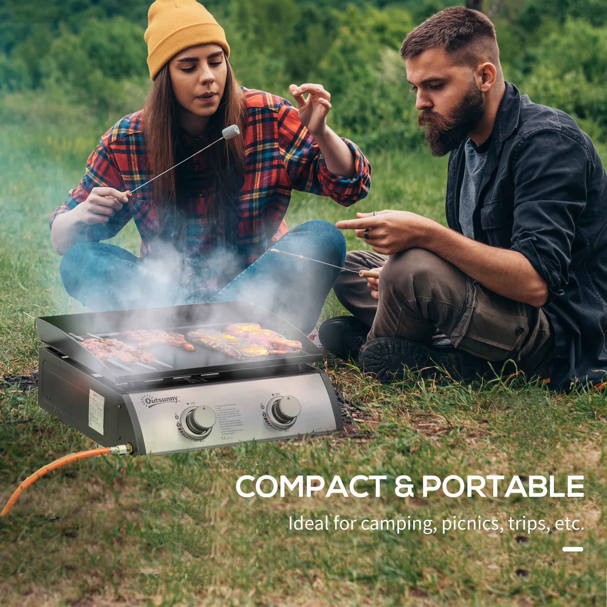 Outsunny Piastra Barbecue a Gas da Tavolo con 2 Bruciatori e Potenza 6kW 6/7