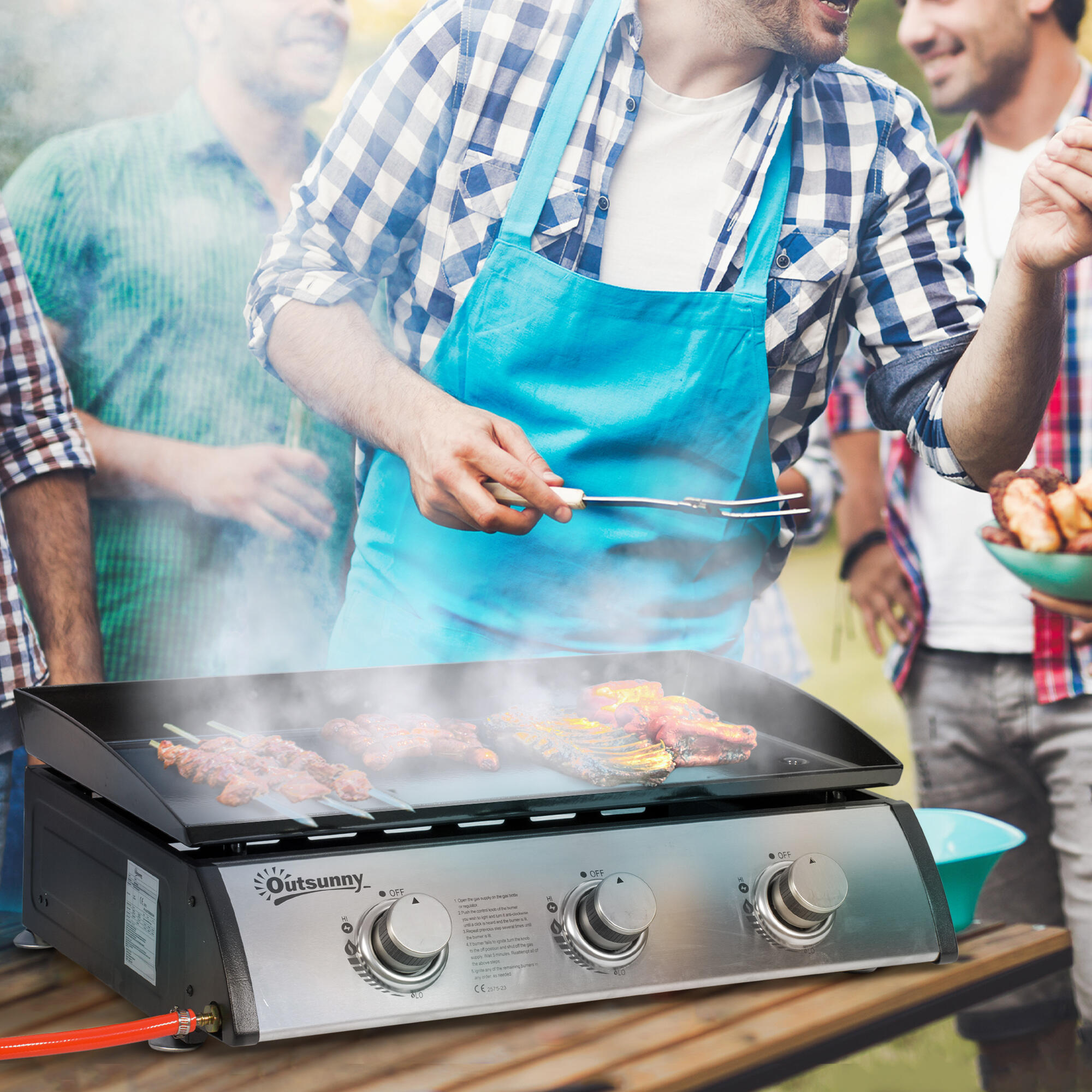 Outsunny Piastra Barbecue a Gas Antiaderente da Tavolo con 3 Bruciatori da 3kW 2/7