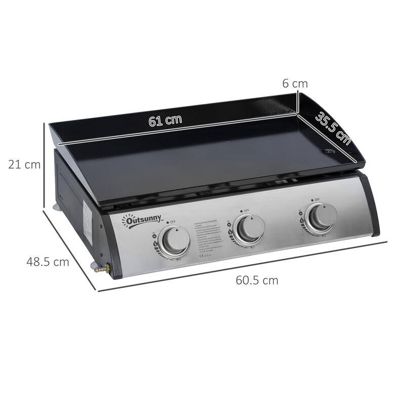 Outsunny Grătar cu Gaz Antiaderent de Masă cu 3 Arzătoare 3Kw
