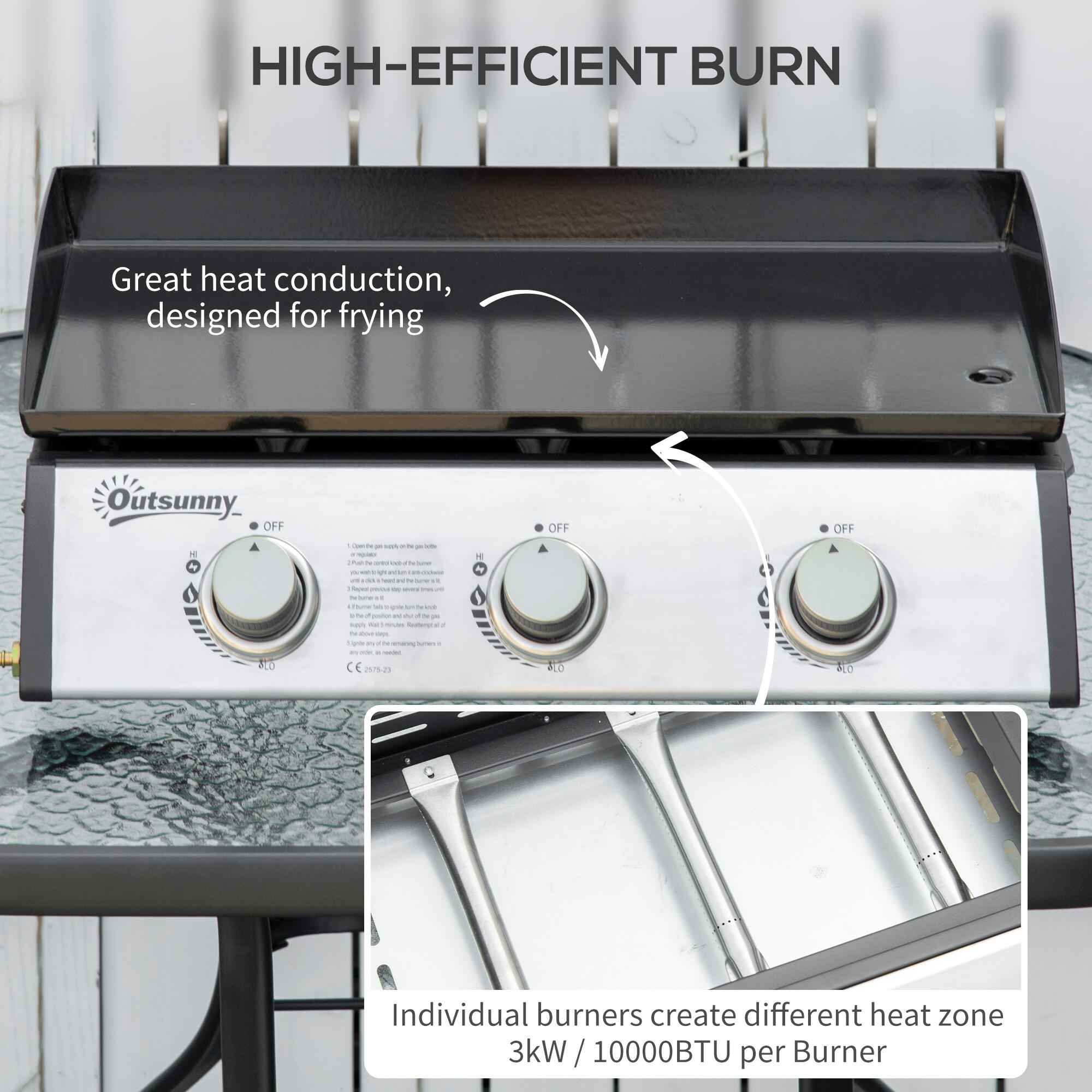 Outsunny Piastra Barbecue a Gas Antiaderente da Tavolo con 3 Bruciatori da 3kW 4/7
