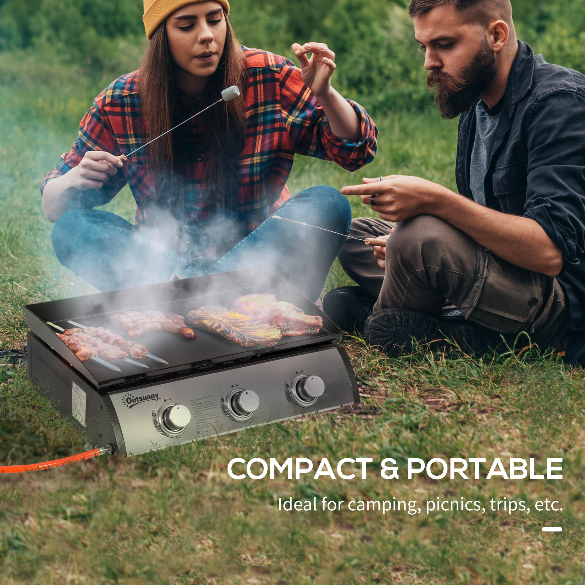 Outsunny Piastra Barbecue a Gas Antiaderente da Tavolo con 3 Bruciatori da 3kW 6/7