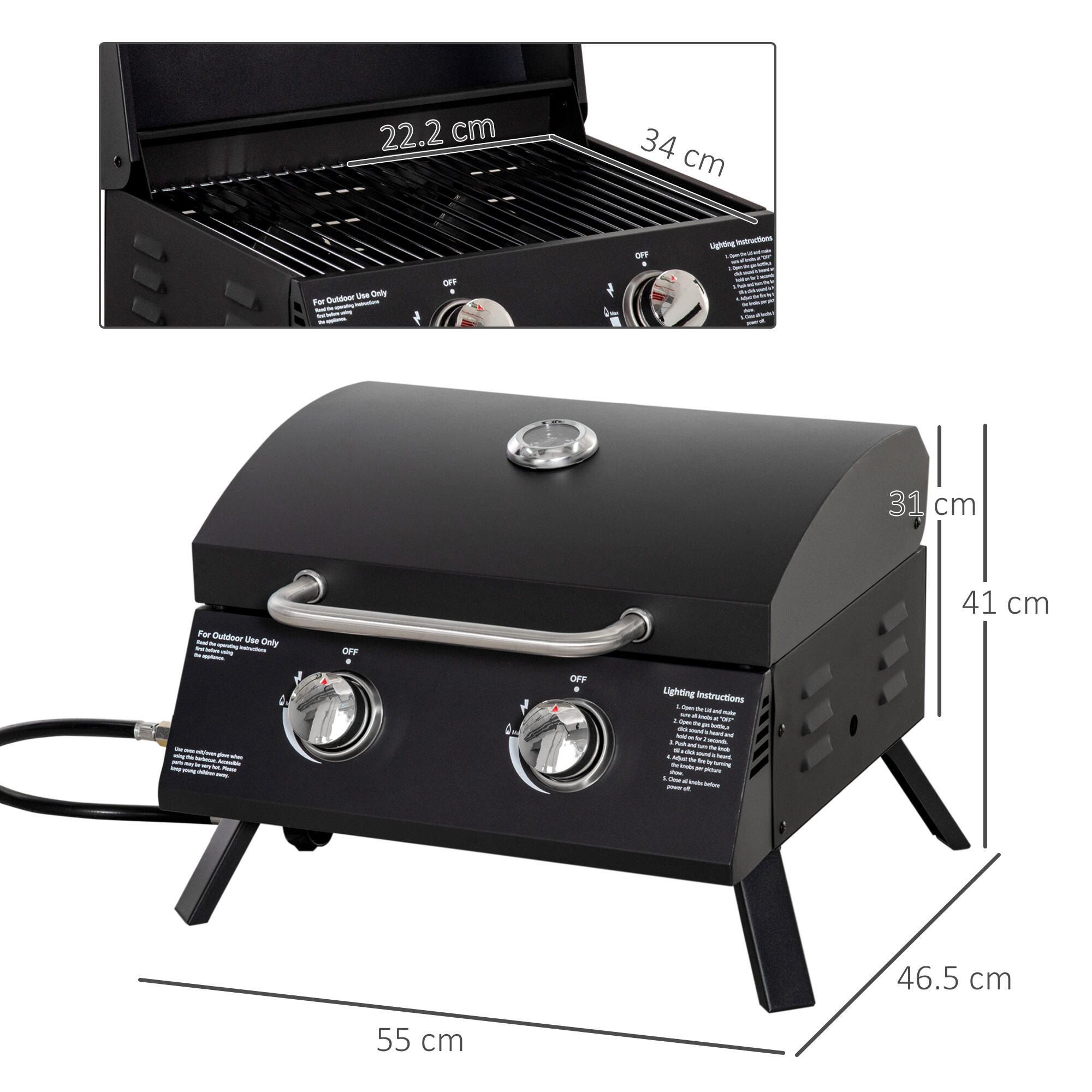 Outsunny Barbecue a Gas Pieghevole con Coperchio, Termometro e 2 Bruciatori 3/7