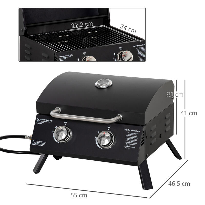 Outsunny Barbecue a Gas Pieghevole con Coperchio, Termometro e 2 Bruciatori