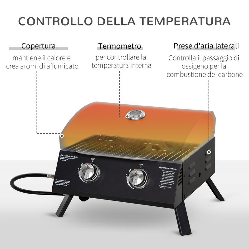 Outsunny Barbecue a Gas Pieghevole con Coperchio, Termometro e 2 Bruciatori