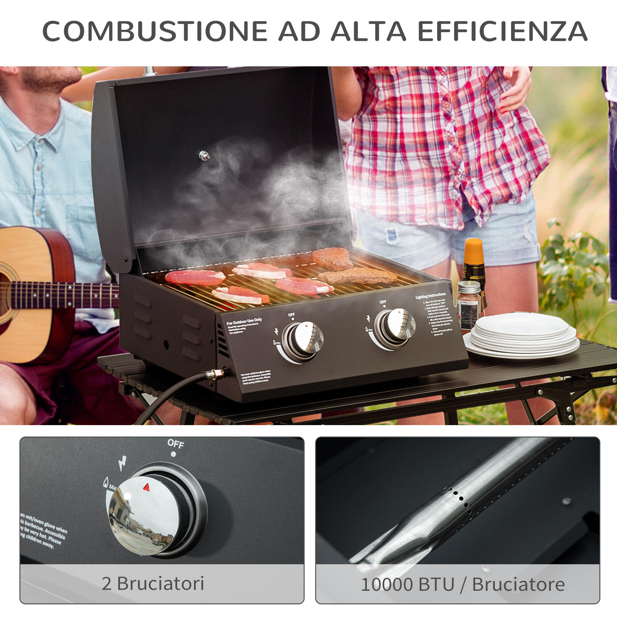 Outsunny Barbecue a Gas Pieghevole con Coperchio, Termometro e 2 Bruciatori 7/7