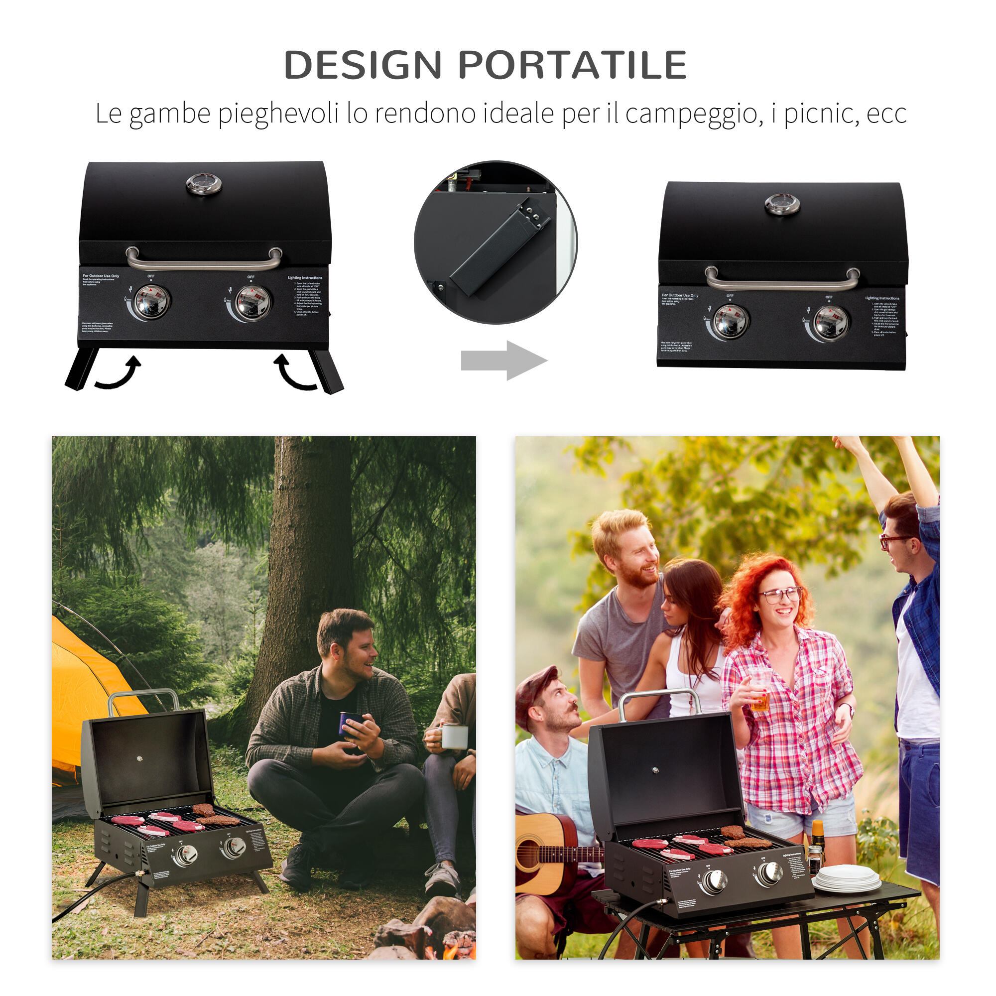 Outsunny Barbecue a Gas Pieghevole con Coperchio, Termometro e 2 Bruciatori 5/7