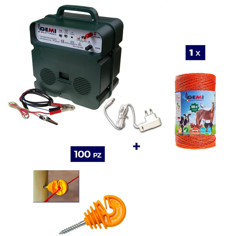 Kit 1x Elettrificatore 12V/220V + 1x Filo 500MT 4Mm² + 100pz isolatori per legno