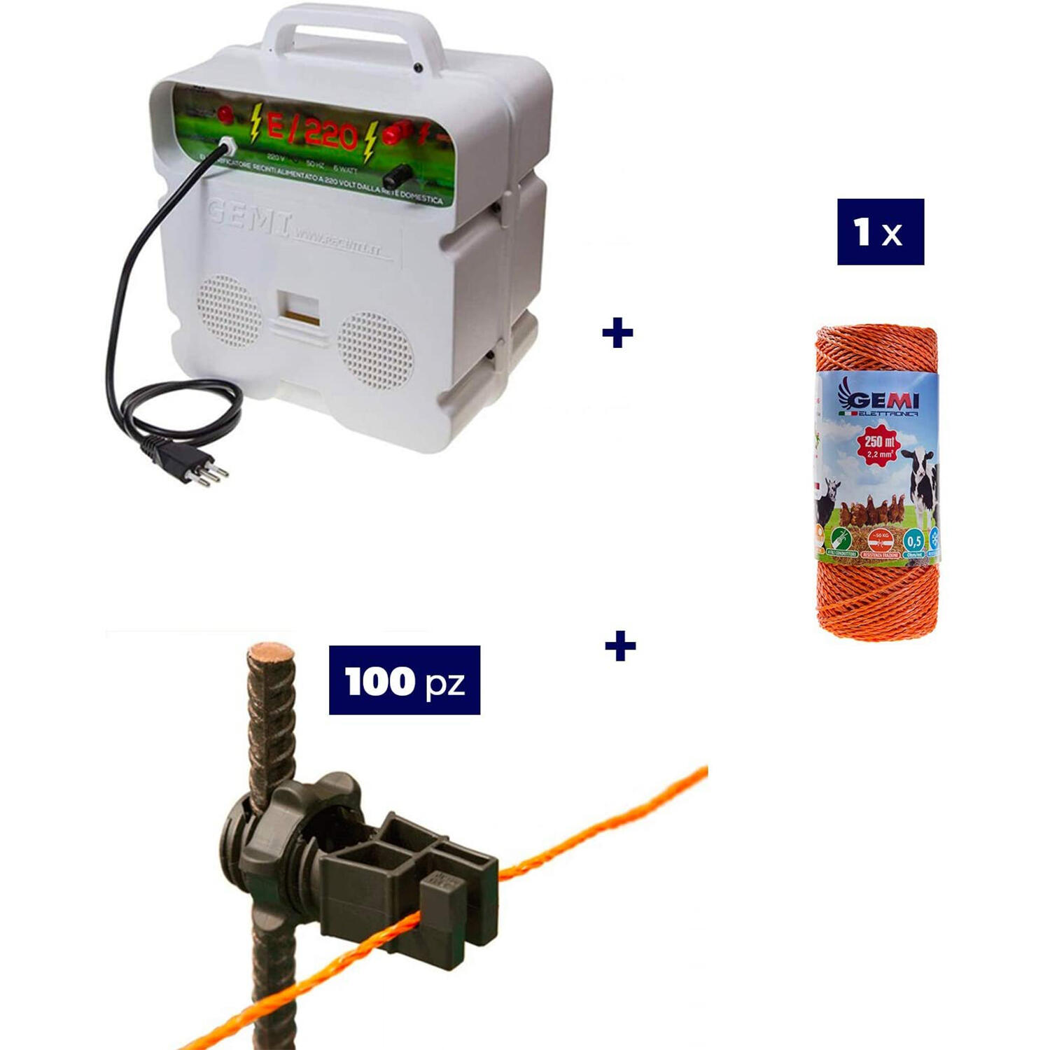 Kit 1 x Elettrificatore 220V + 1 x Filo 250 MT 2 Mm² + 100pz isolatori per ferro 1/5