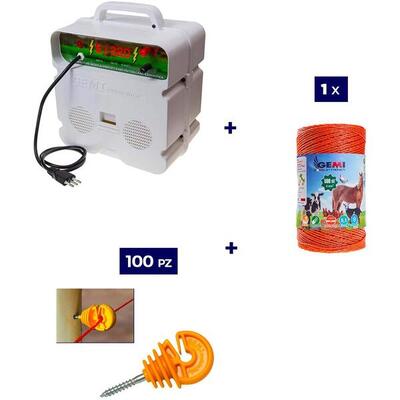 Kit 1x Elettrificatore 220V + 1x Filo 500MT 4Mm² + 100 pz isolatori per legno