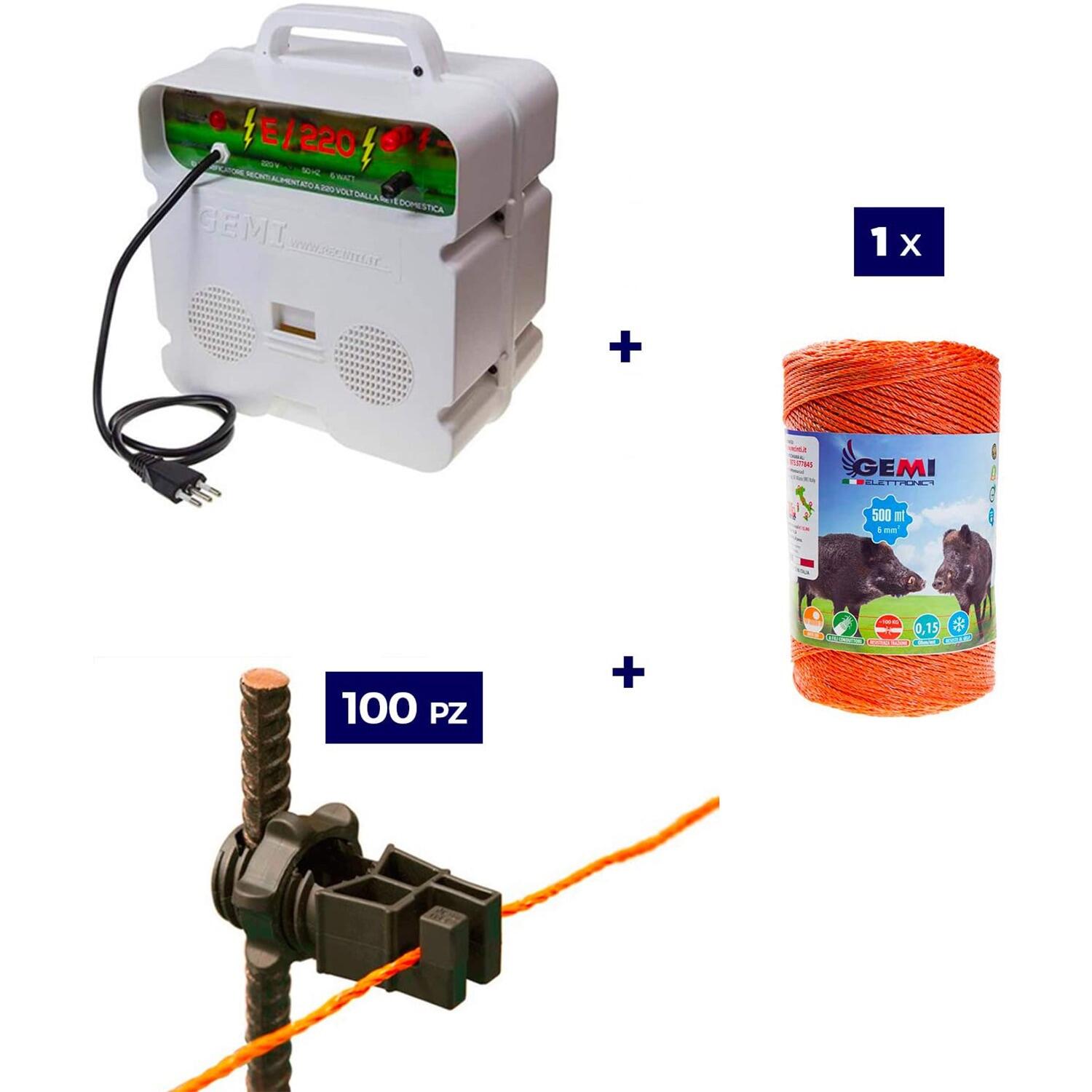 GEMI ELETTRONICA Kit 1x Elettrificatore 220V + 1x Filo 500MT 6Mm² + 100pz isolatori per ferro