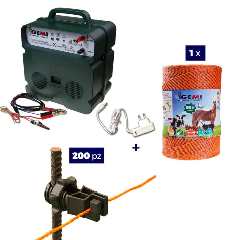 Kit 1x Elettrificatore 12V/220V + 1x Filo 1000M 4Mm² + 200pz isolatori per ferro