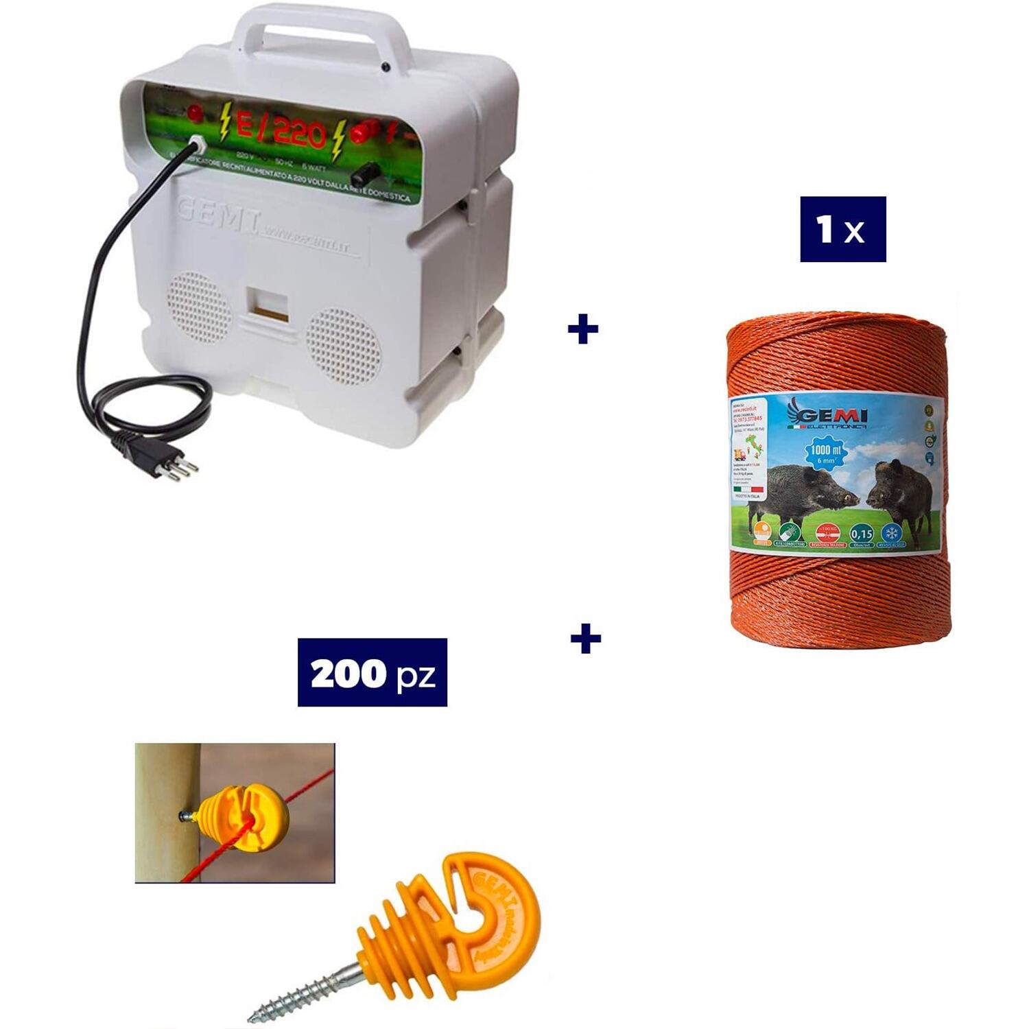 GEMI ELETTRONICA Kit 1x Elettrificatore 220V + 1x Filo 1000MT 6Mm² + 200 pz isolatori per legno