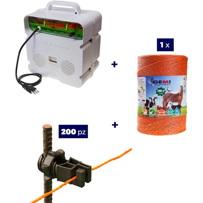 Kit 1x Elettrificatore 220V + 1x Filo 1000 MT 4Mm² + 200 pz isolatori per ferro