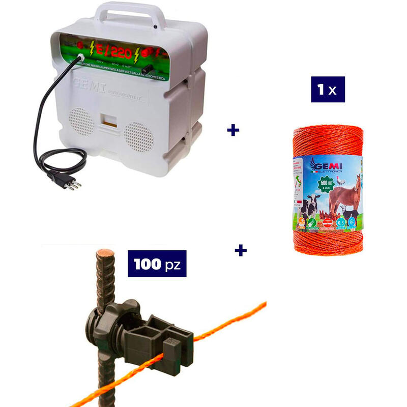 Kit 1x Elettrificatore 220V + 1x Filo 500 MT 4Mm² + 100 pz isolatori per ferro