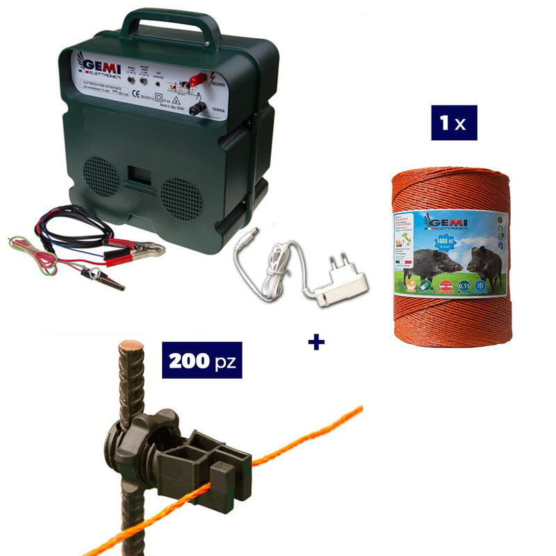 Kit 1x Elettrificatore 12V/220V + 1x Filo 1000M 6Mm² + 200pz isolatori per ferro