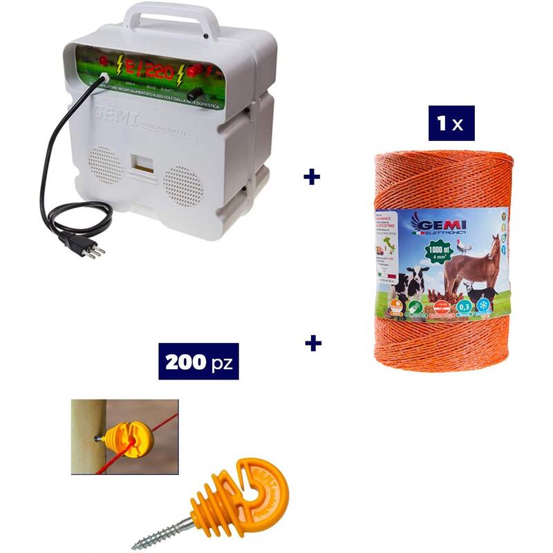 Kit 1x Elettrificatore 220V + 1x Filo 1000 MT 4Mm² + 200 pz isolatori per legno