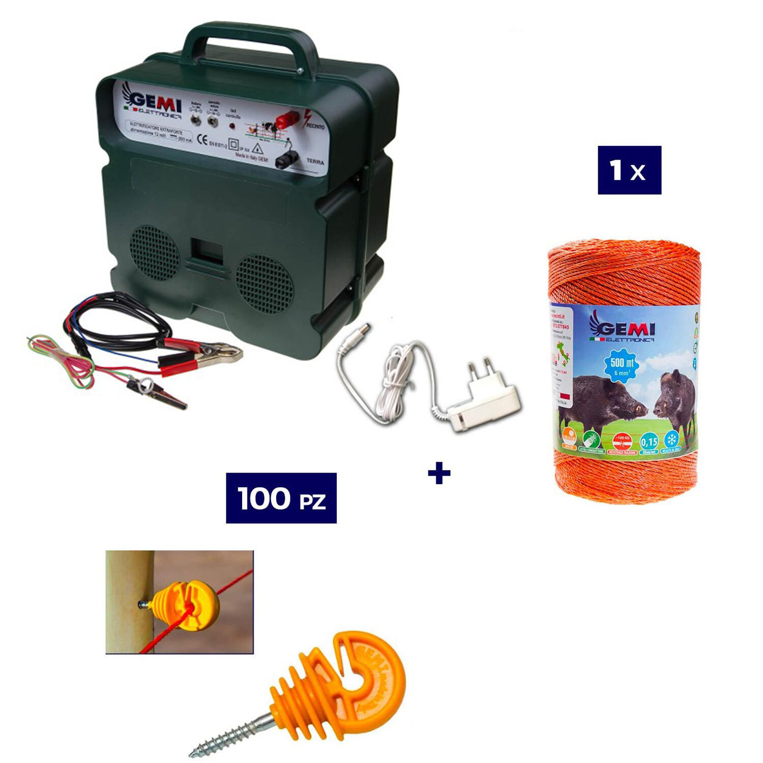 GEMI ELETTRONICA Kit 1x Elettrificatore 12V/220V + 1x Filo 500MT 6Mm² + 100pz isolatori per legno