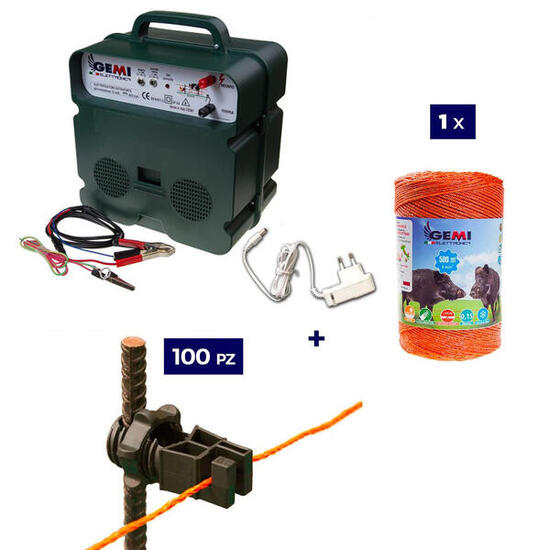 Kit 1x Elettrificatore 12V/220V + 1x Filo 500MT 6Mm² + 100pz isolatori per ferro