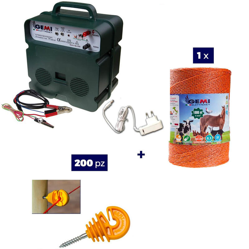 Kit 1x Elettrificatore 12V/220V + 1x Filo 1000M 4Mm² + 200pz isolatori per legno