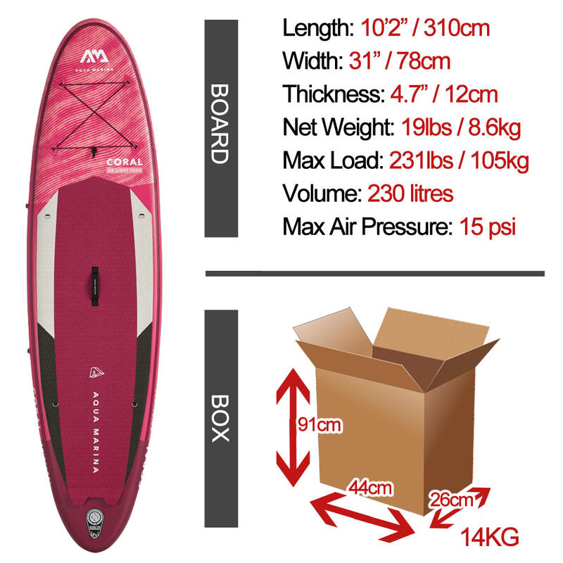 Aqua Marina Coral Dames 10.2 / 310cm Opblaasbaar Stand Up Paddleboard Pakket