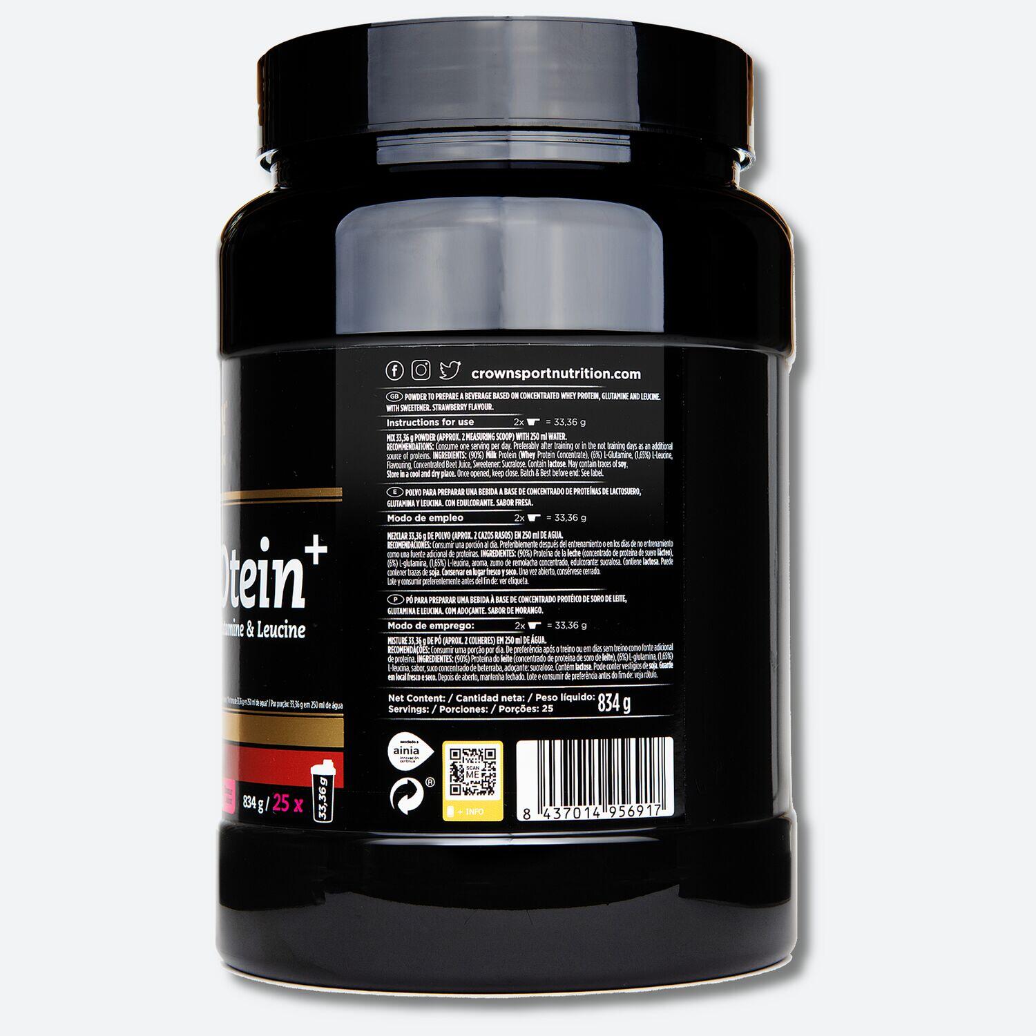 Lata com 834g de concentrado de soro de leite ‘Whey PROtein+‘ Morango 3/4