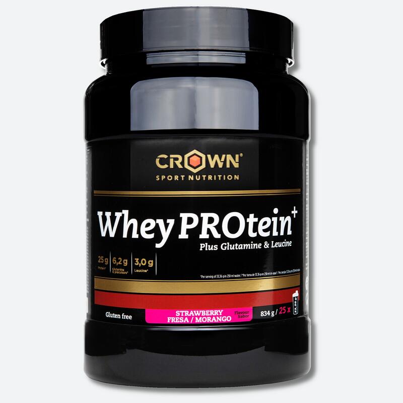 Lata com 834g de concentrado de soro de leite ‘Whey PROtein+‘ Morango