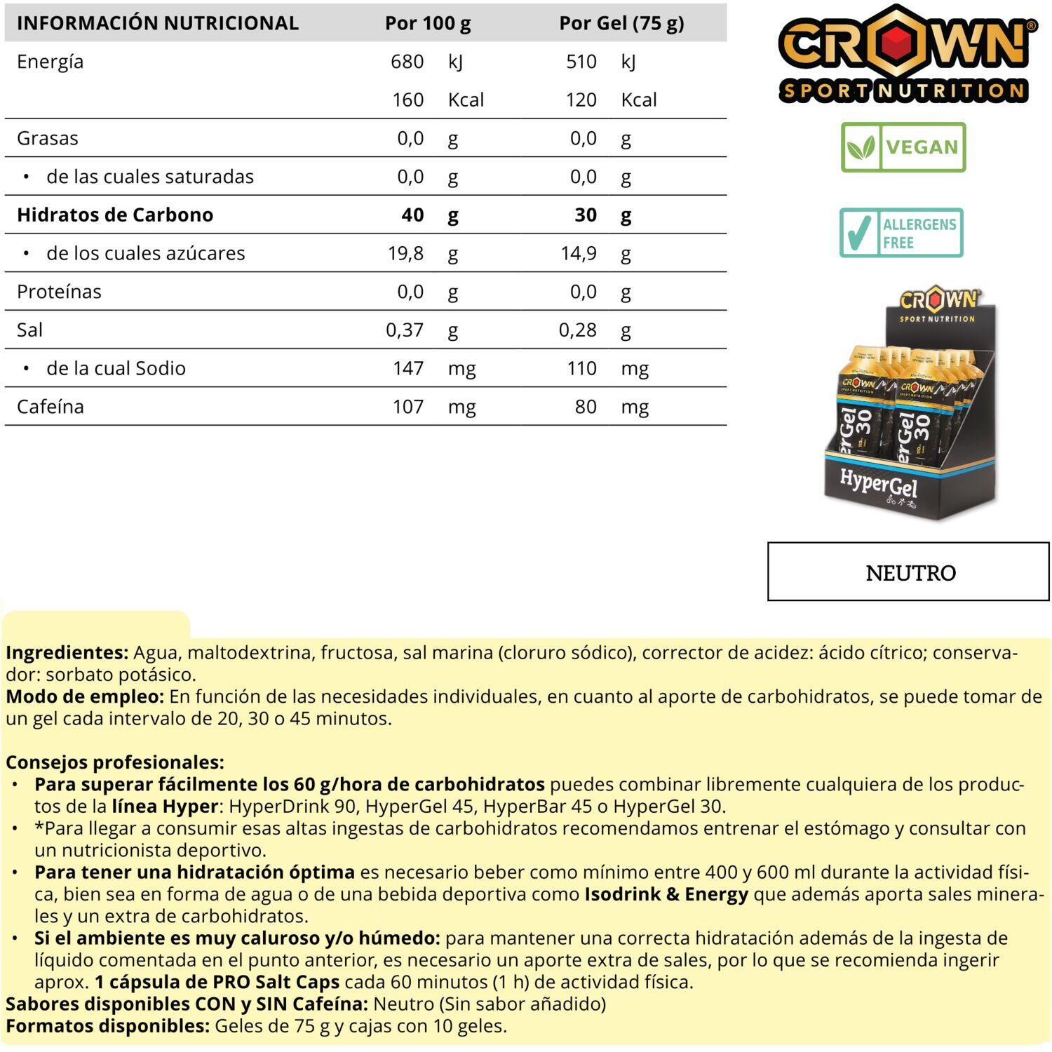 Gel energético de 75g Hyper Line ‘HyperGel 30 +Caffeine‘ Neutro com cafeína 7/7