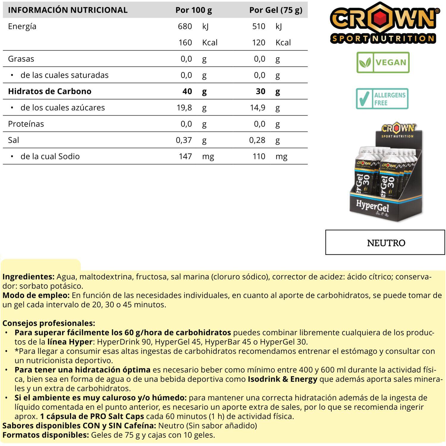 Caja de 10 geles energéticos ‘HyperGel 30 Hydro‘ de 75 g sin cafeína 6/7