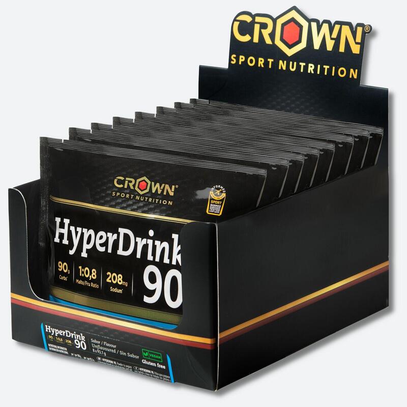 Caixa com 8 saquetas de 93,1g com bebida em pó muito rico em HC ‘HyperDrink 90‘