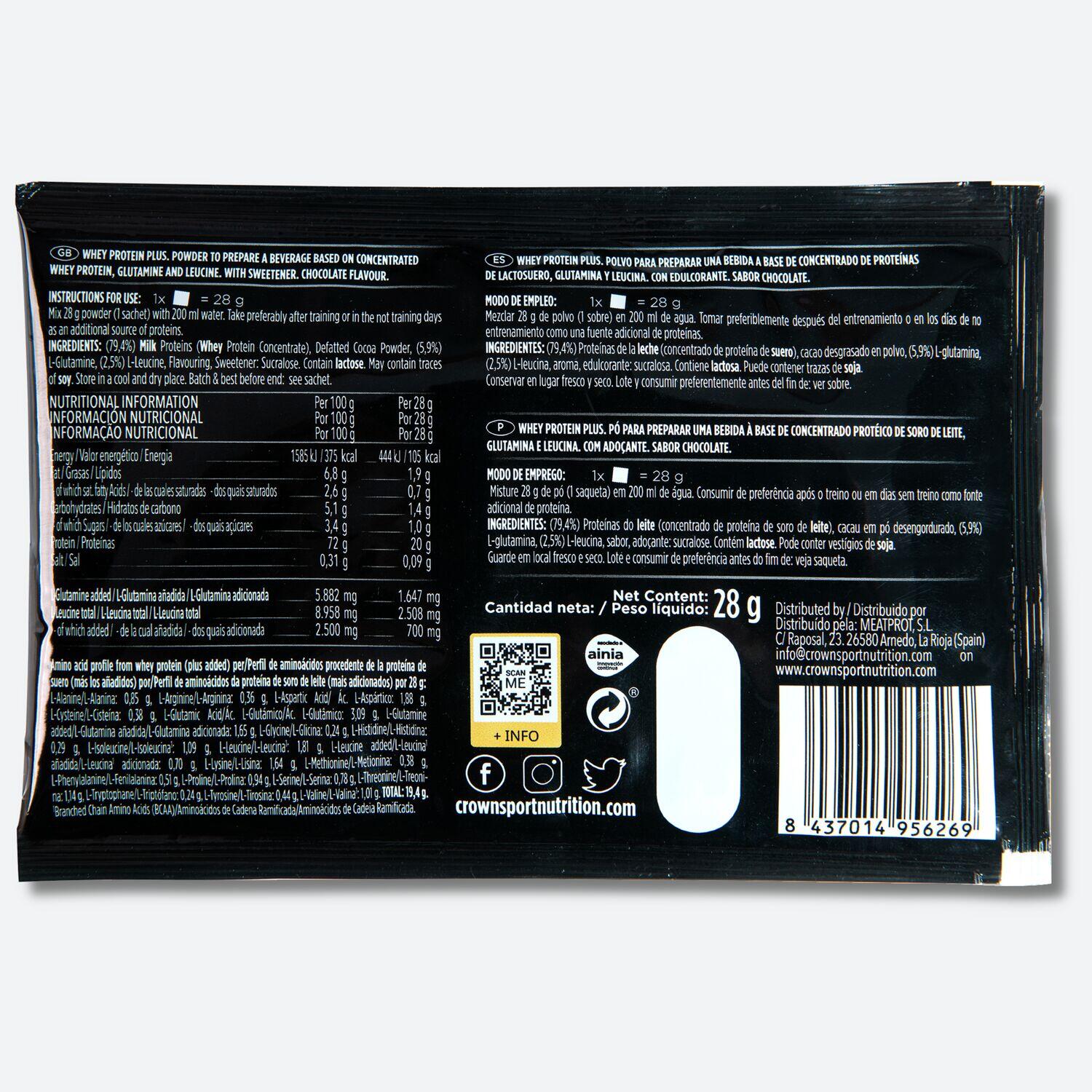 Sobre de concentrado de suero ‘Whey PROtein+‘ de 28 g Chocolate 2/3