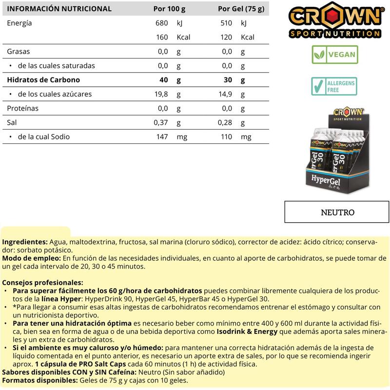 Gel energético de 75g Hyper Line ‘HyperGel 30‘ Neutro sem cafeína