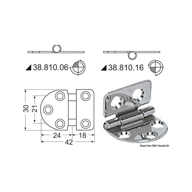 Charnière inox épaisseur 2 mm - 42 x 30 mm - noeud saillant