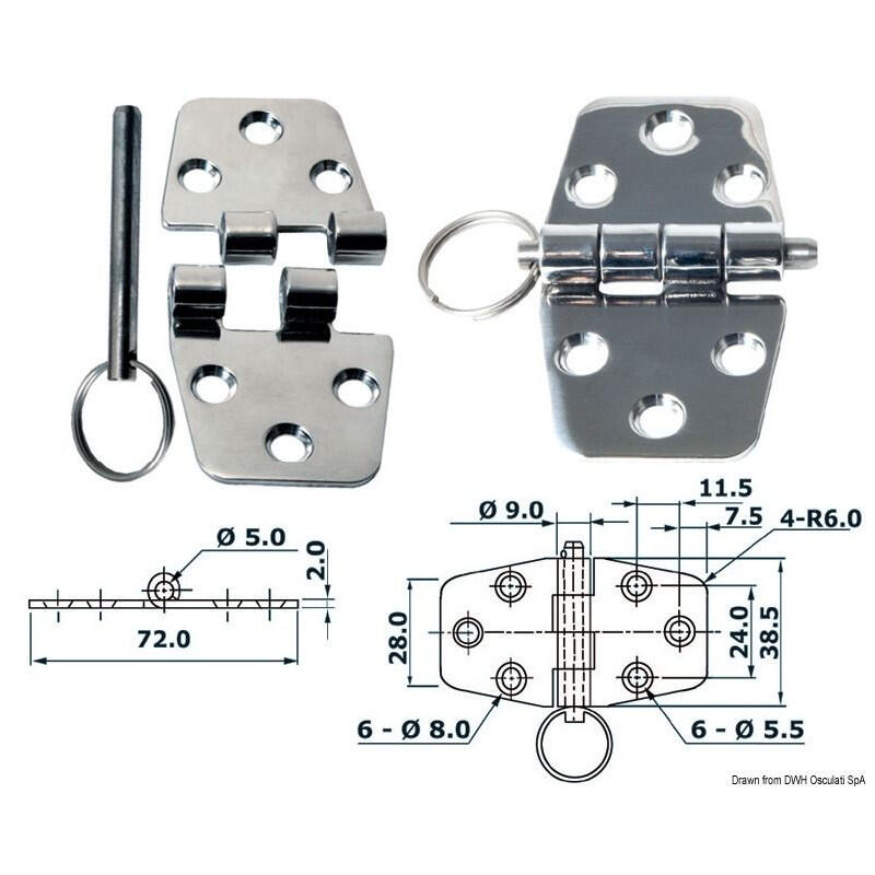 Charnière inox épaisseur 2 mm - démontable - 72 x 38.5 mm