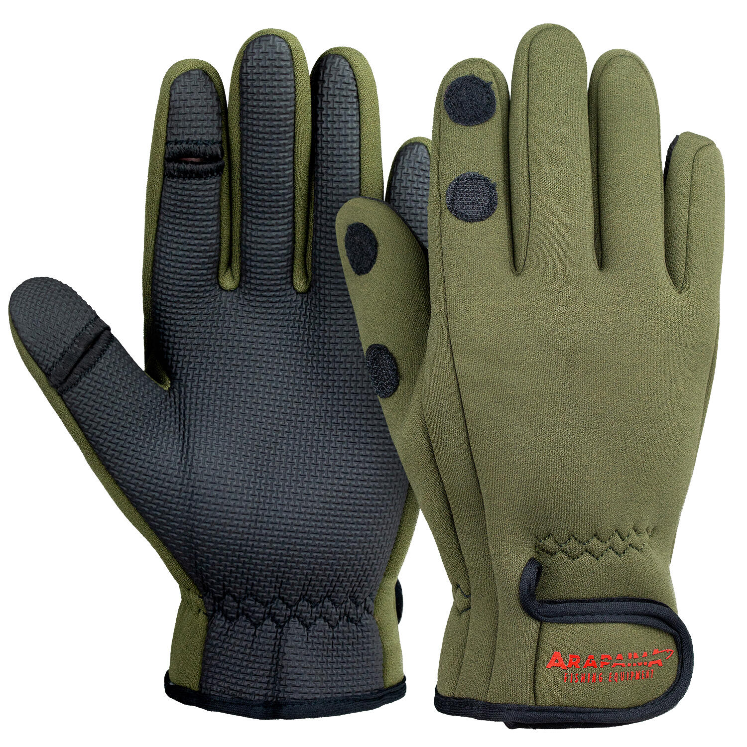 ARAPAIMA FISHING EQUIPMENT Vishandschoenen Neopreen 'Spin' | Opvouwbare vingertoppen | Olijf