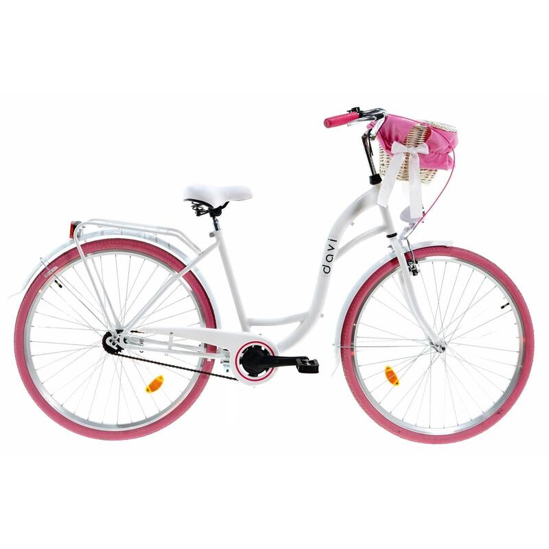 Bicicleta dama cu cos rachita Davi® Lila  Roata 28", 160-185 cm, Alb/Roz